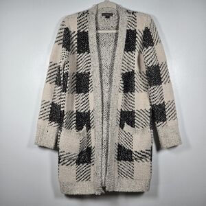 Metric Cozy Black Cream Plaid Cozy Long Open Front Cardigan Sweater Size Small